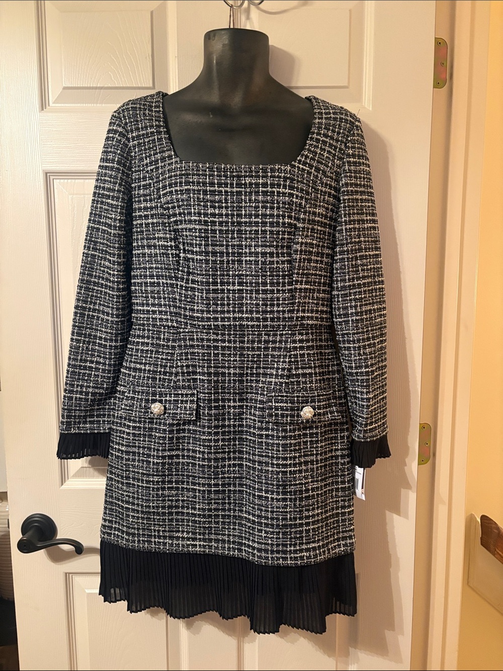 Taylor Black and White Tweed Long Sleeve Dress